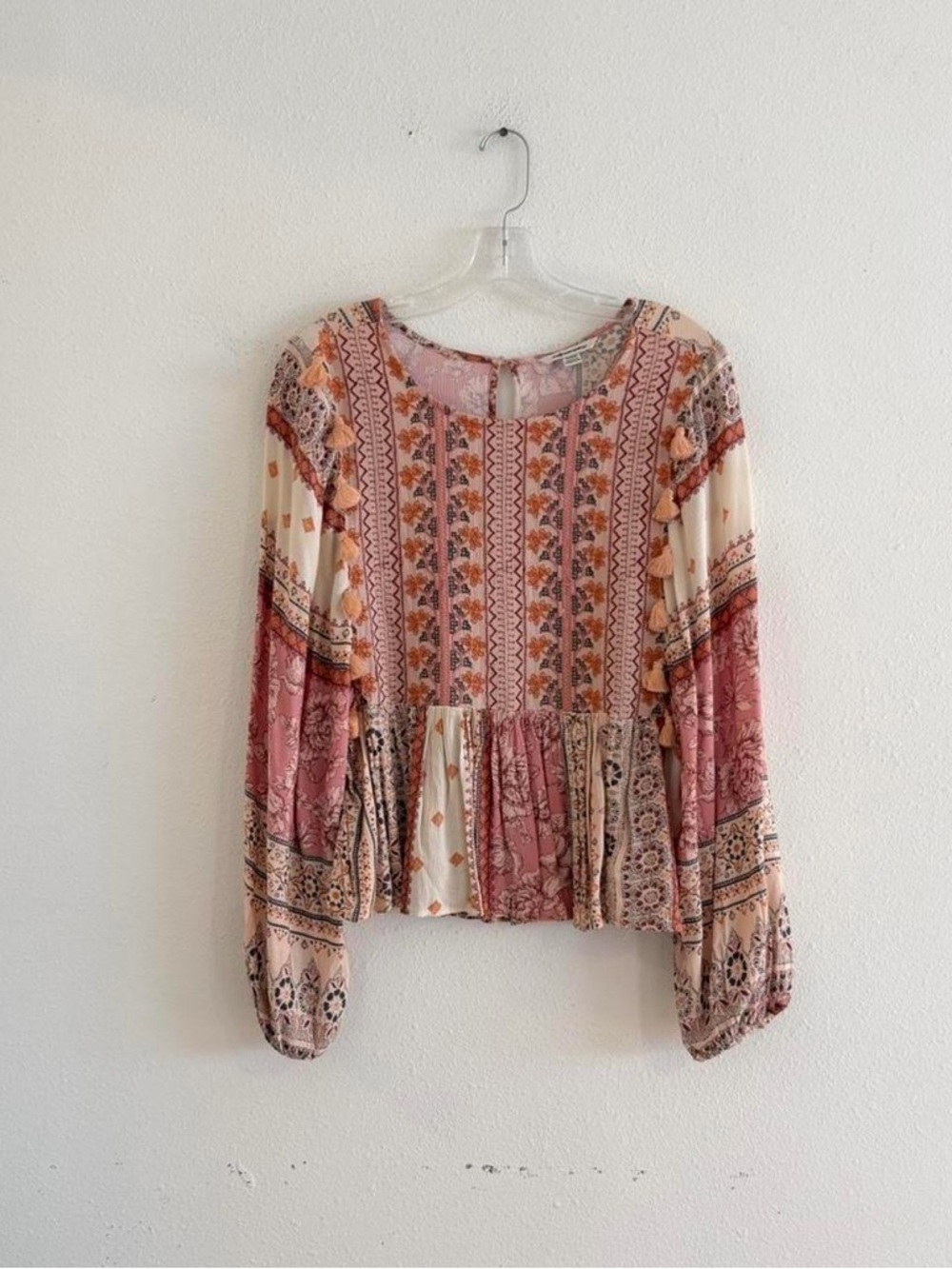 American Eagle Boho Peasant Blouse - Pink Patchwork Print